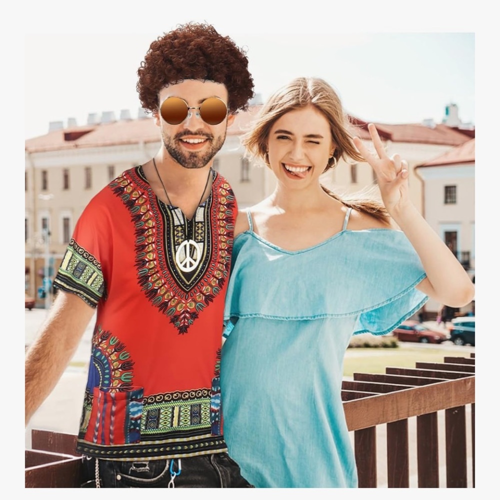 70s Hippie Costume Set Men Shirt Afro Wig Sunglasses Peace Necklace L ☮️🕺 - Picture 4 of 4